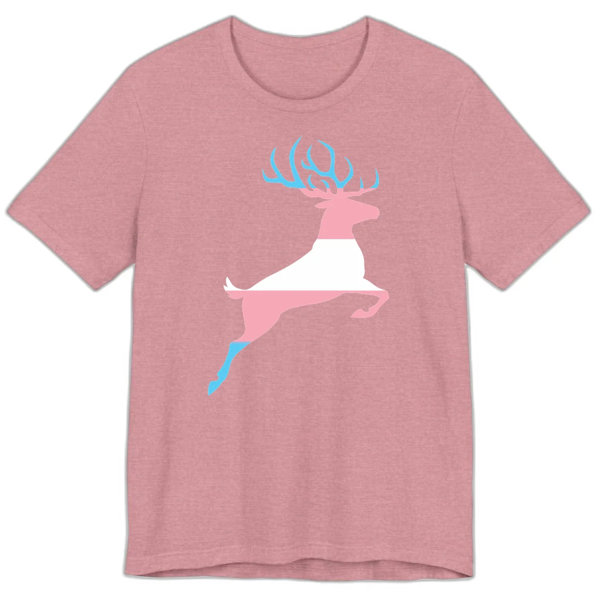Stylized pink stag with gradient blue antlers leaping against gray background, modern minimalist design in Heather Orchid