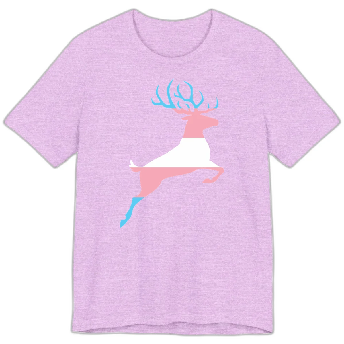 Stylized pink stag with gradient blue antlers leaping against gray background, modern minimalist design in Heather Prism Lilac