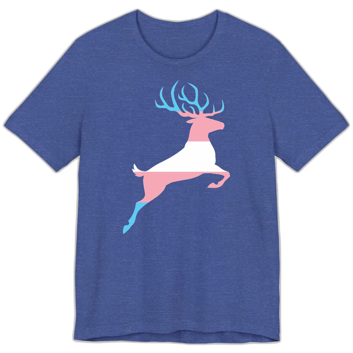Stylized pink stag with gradient blue antlers leaping against gray background, modern minimalist design in Heather True Royal