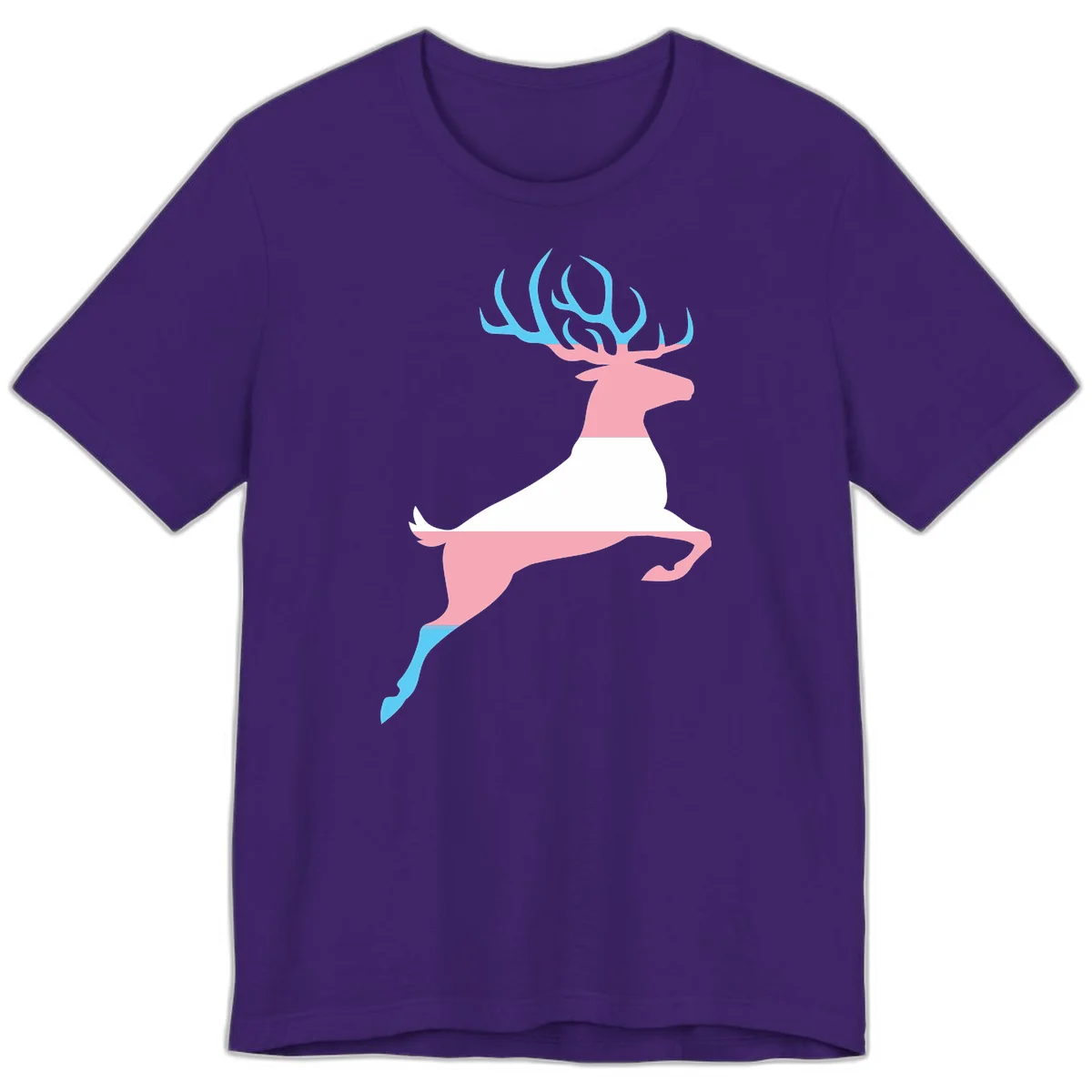 Stylized pink stag with gradient blue antlers leaping against gray background, modern minimalist design in Team Purple