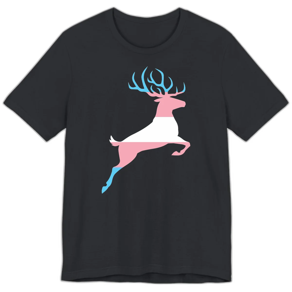Stylized pink stag with gradient blue antlers leaping against gray background, modern minimalist design in Vintage Black
