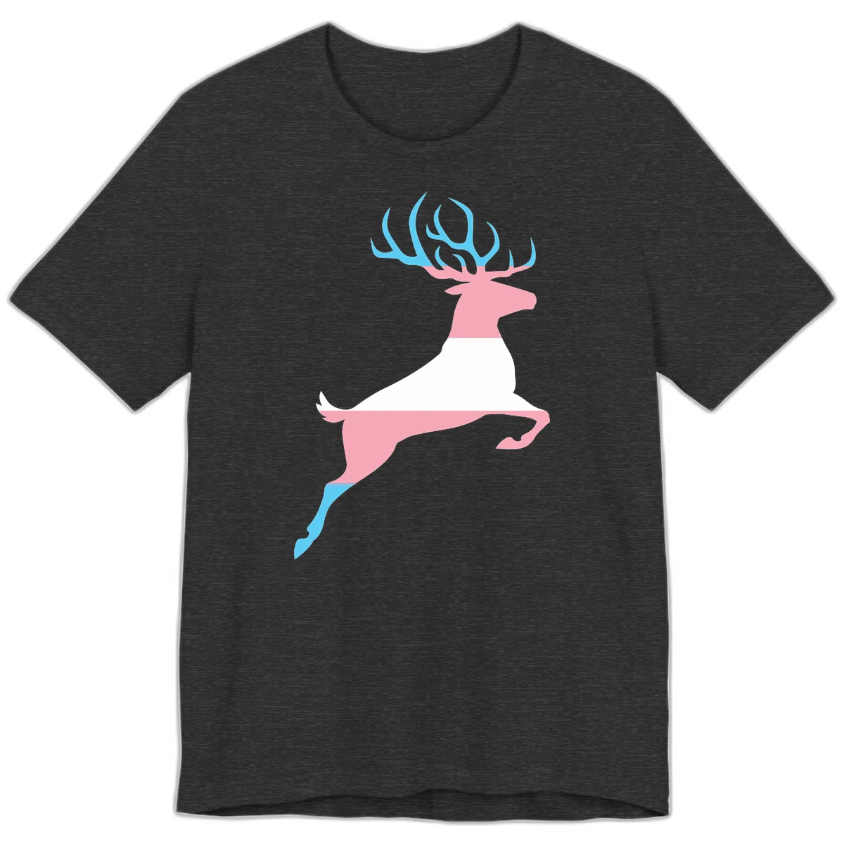Stylized pink stag with gradient blue antlers leaping against gray background, modern minimalist design in Dark Grey Heather