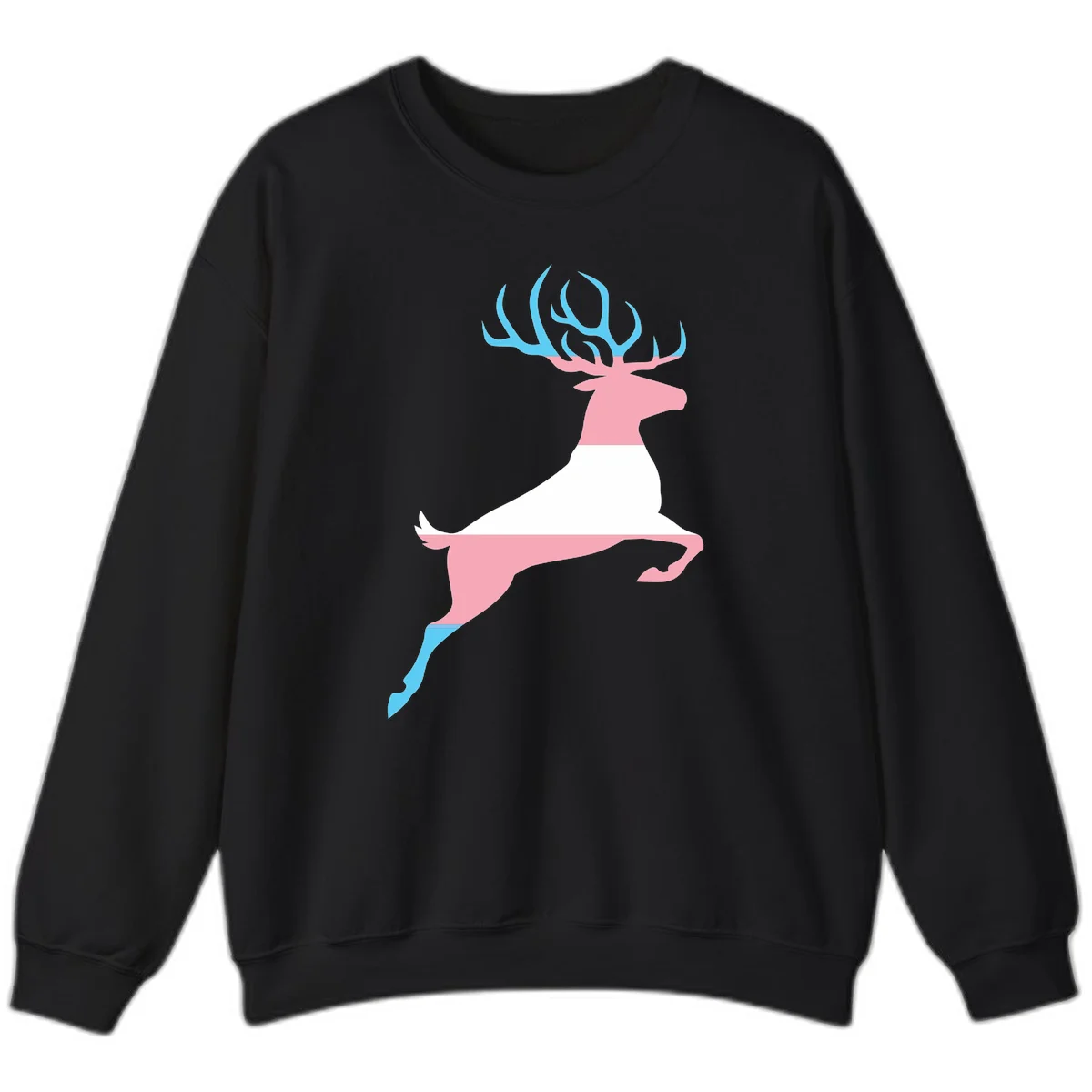Stylized pink stag with gradient blue antlers leaping against gray background, modern minimalist design in Black
