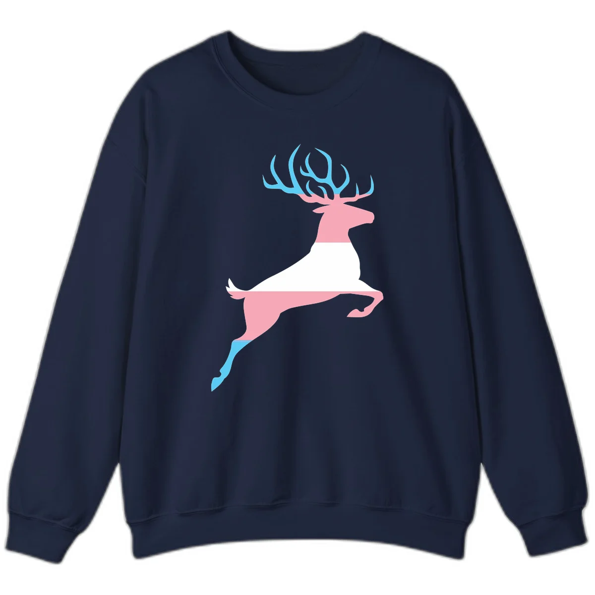Stylized pink stag with gradient blue antlers leaping against gray background, modern minimalist design in Navy