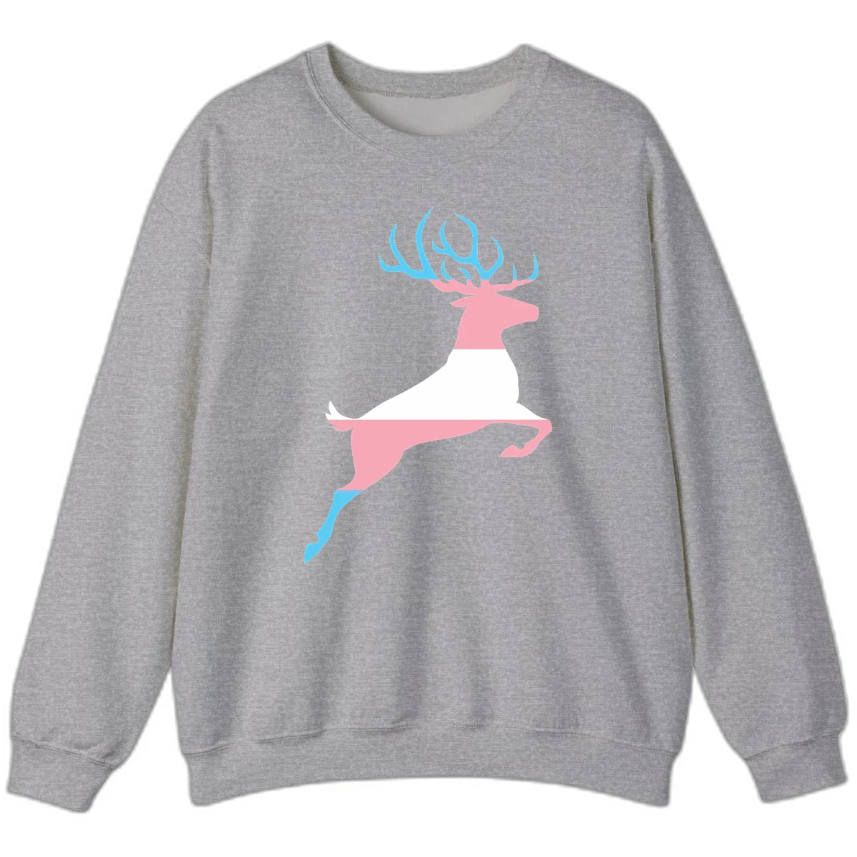 Stylized pink stag with gradient blue antlers leaping against gray background, modern minimalist design in Sport Grey