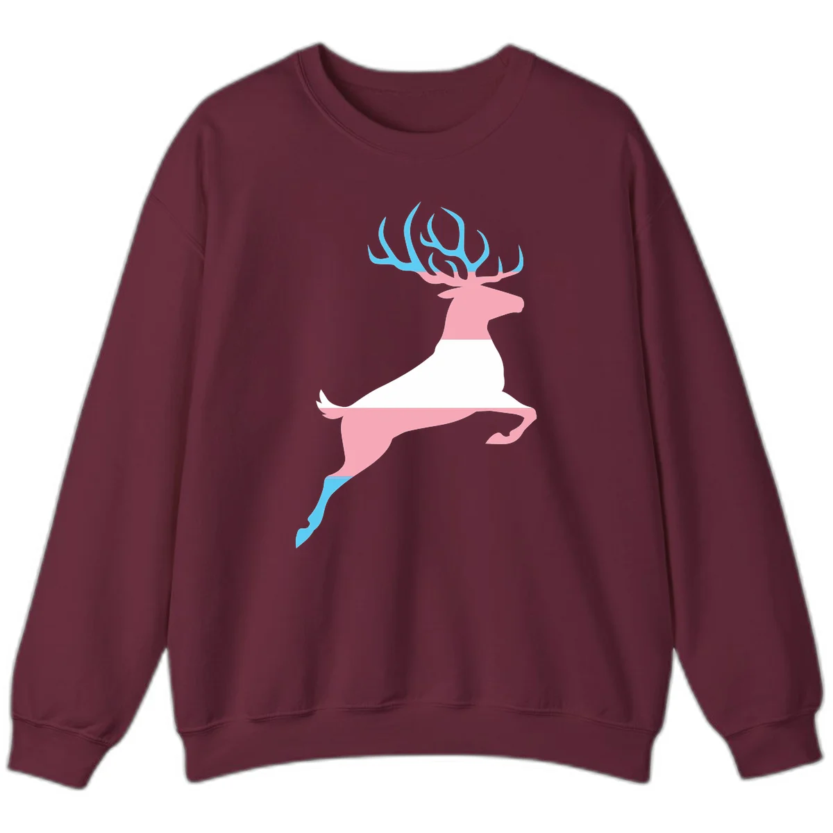 Stylized pink stag with gradient blue antlers leaping against gray background, modern minimalist design in Maroon