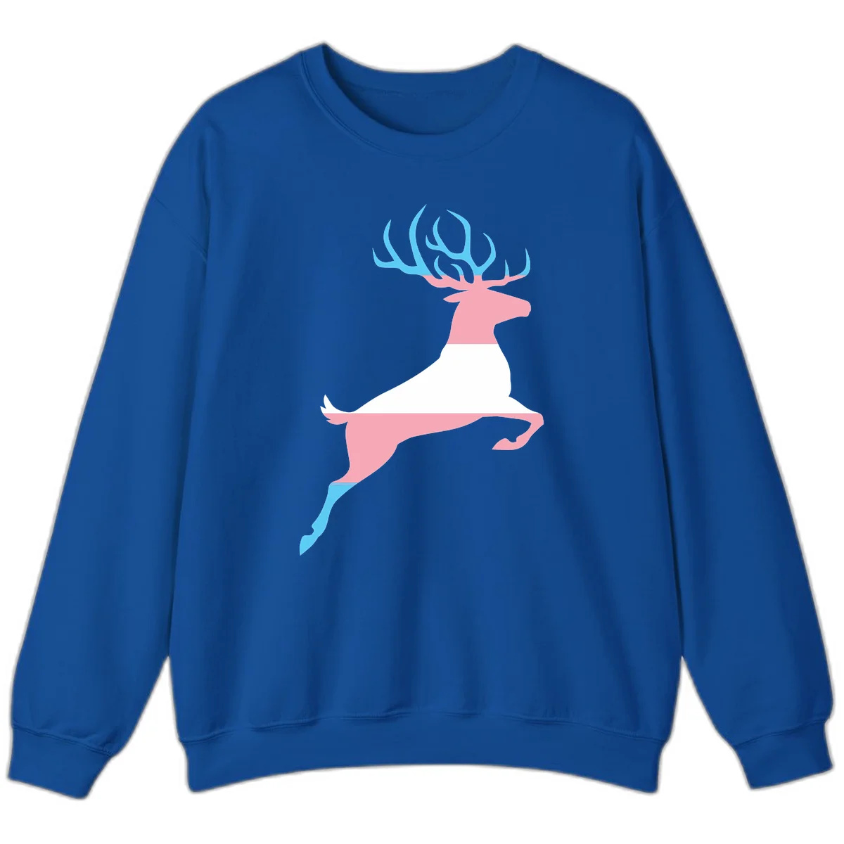Stylized pink stag with gradient blue antlers leaping against gray background, modern minimalist design in Royal
