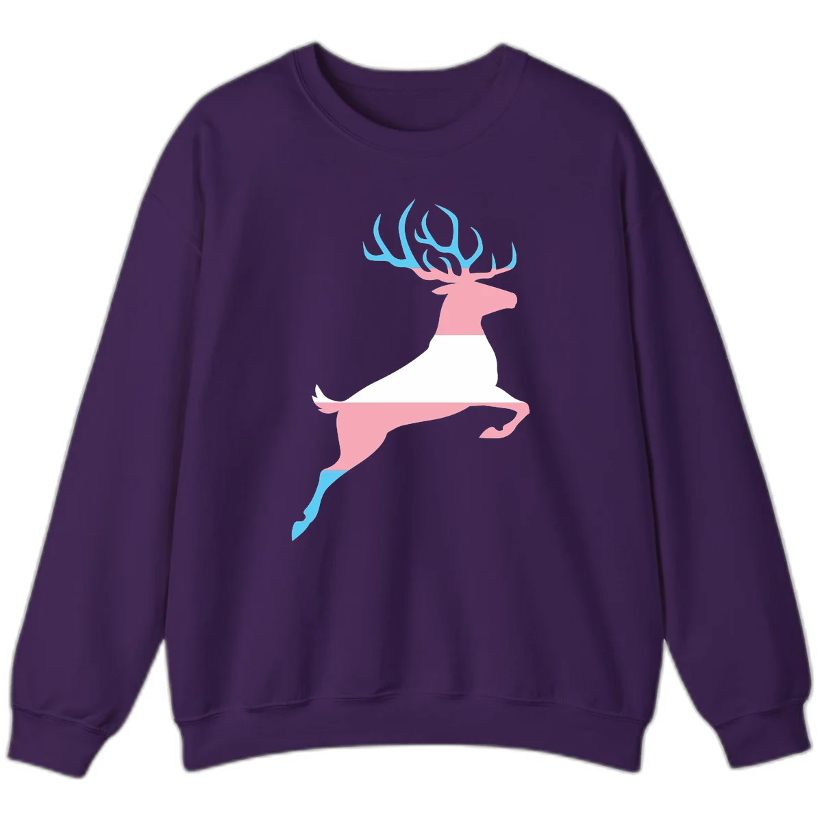 Stylized pink stag with gradient blue antlers leaping against gray background, modern minimalist design in Purple