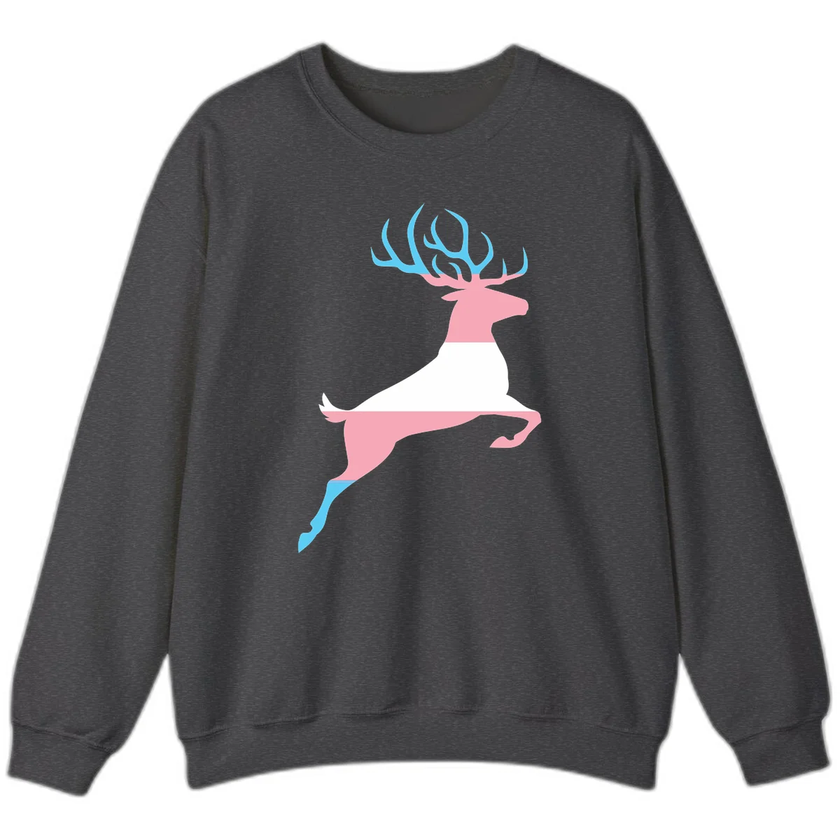 Stylized pink stag with gradient blue antlers leaping against gray background, modern minimalist design in Dark Heather