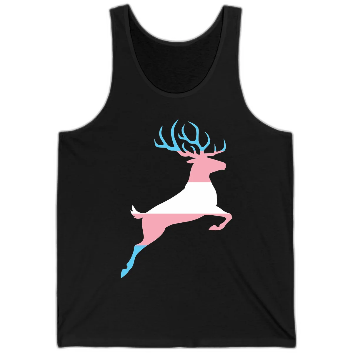 Stylized pink stag with gradient blue antlers leaping against gray background, modern minimalist design in Black