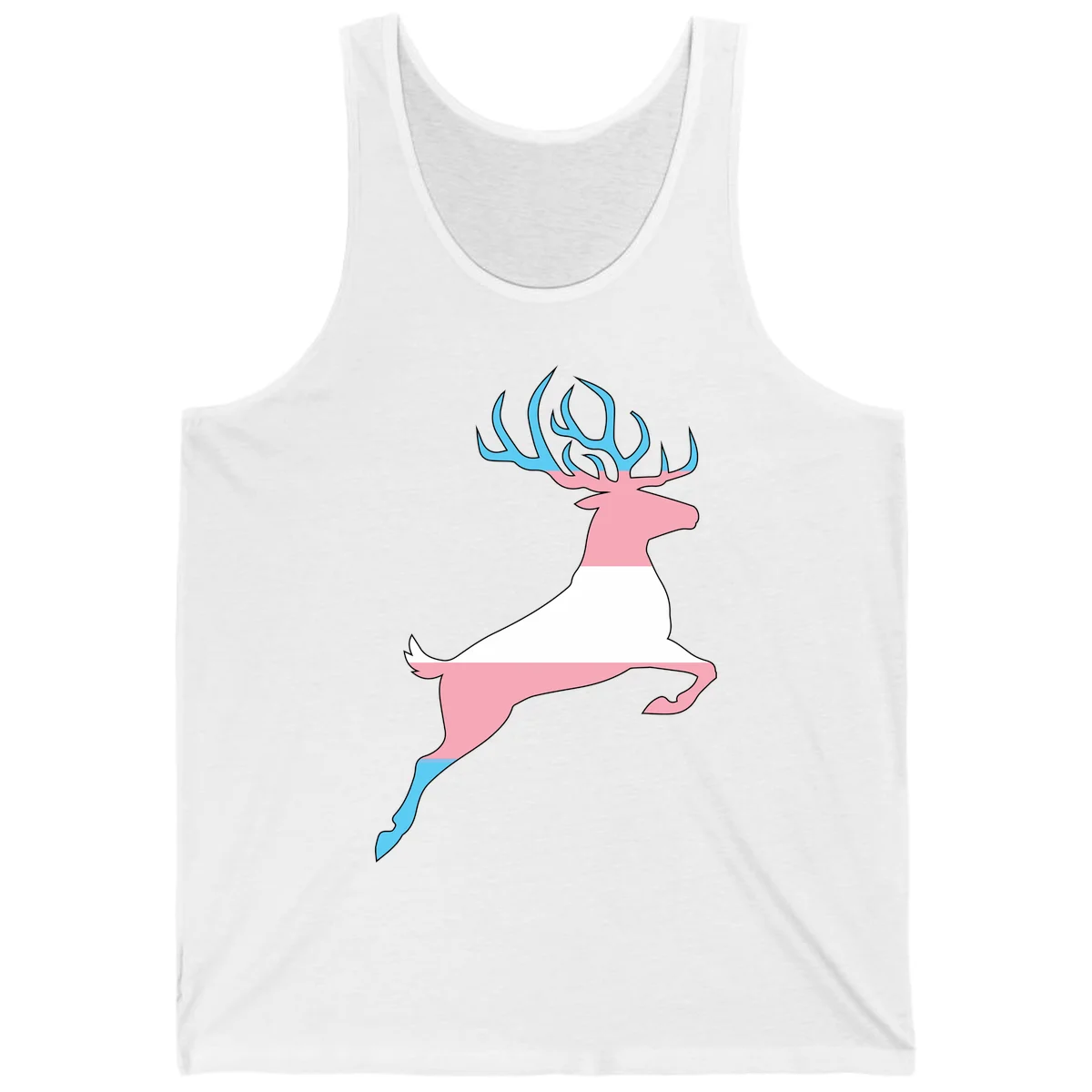 Stylized pink stag with gradient blue antlers leaping against gray background, modern minimalist design in White