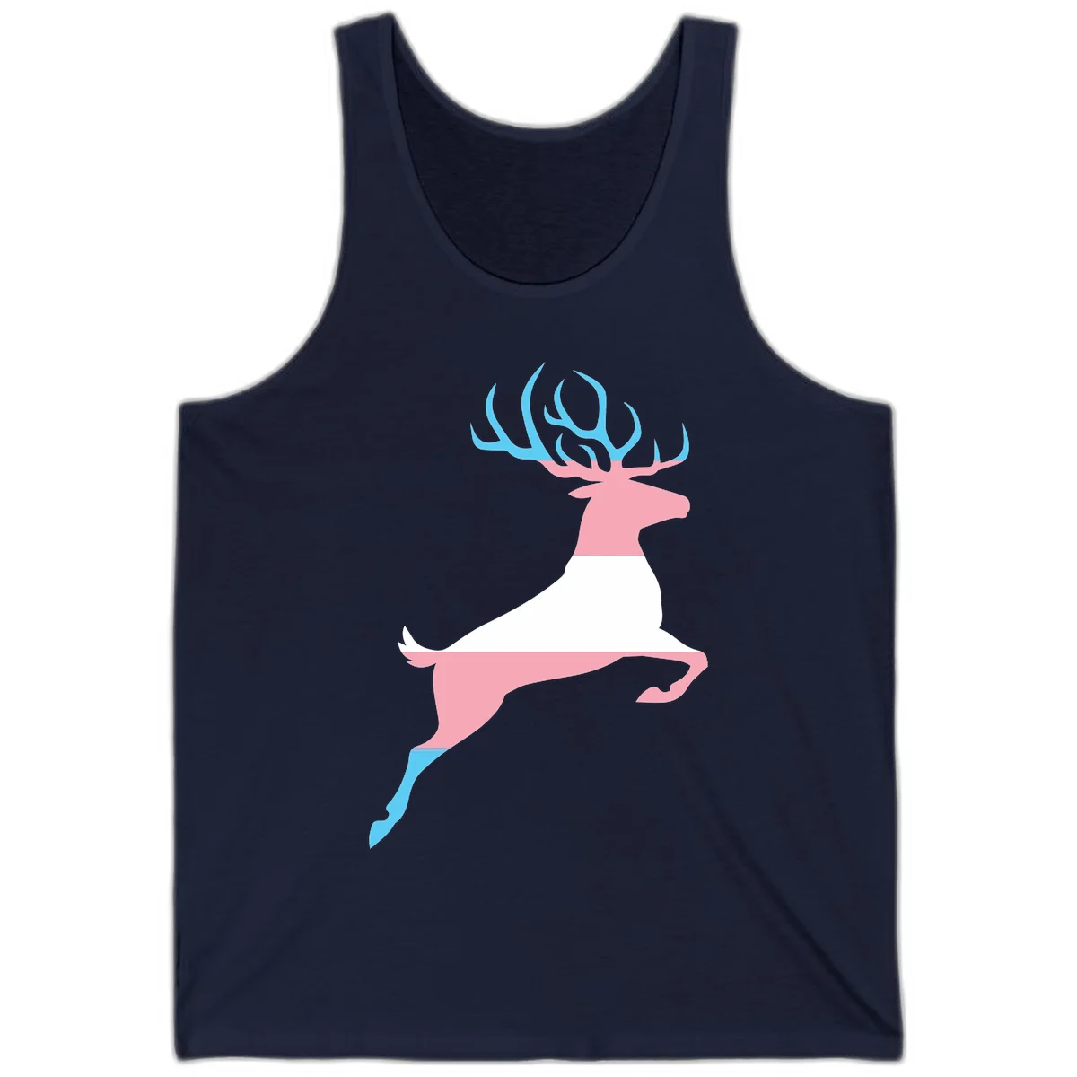 Stylized pink stag with gradient blue antlers leaping against gray background, modern minimalist design in Navy