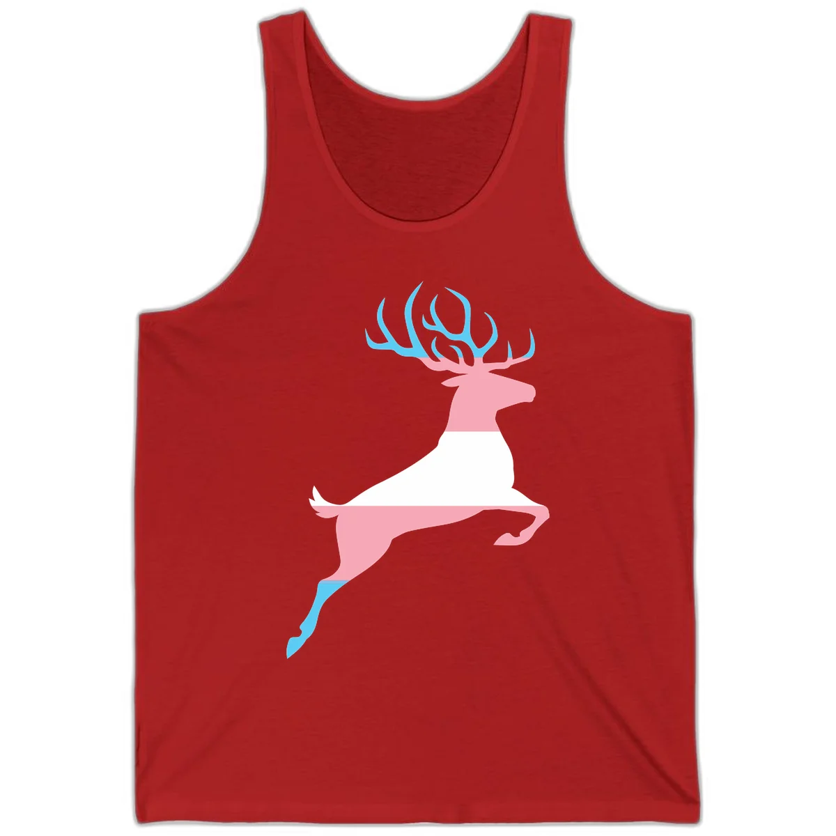 Stylized pink stag with gradient blue antlers leaping against gray background, modern minimalist design in Red