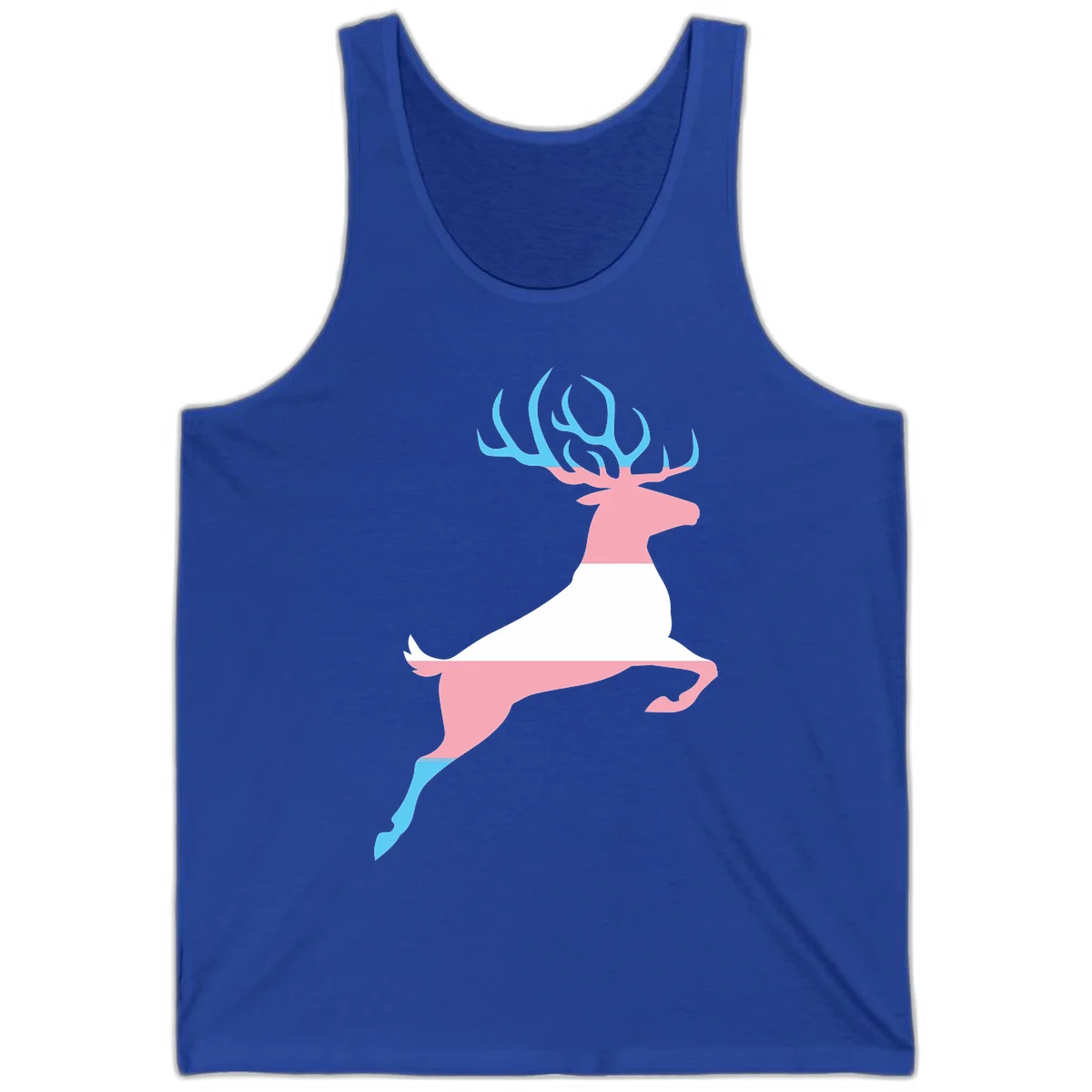 Stylized pink stag with gradient blue antlers leaping against gray background, modern minimalist design in True Royal