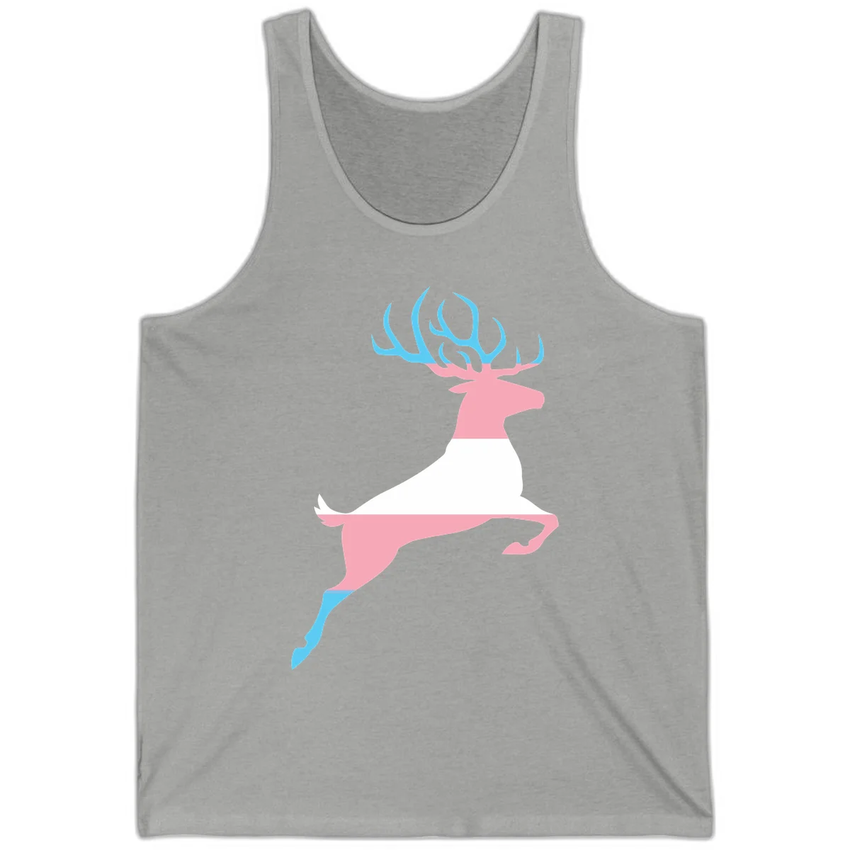 Stylized pink stag with gradient blue antlers leaping against gray background, modern minimalist design in Athletic Heather