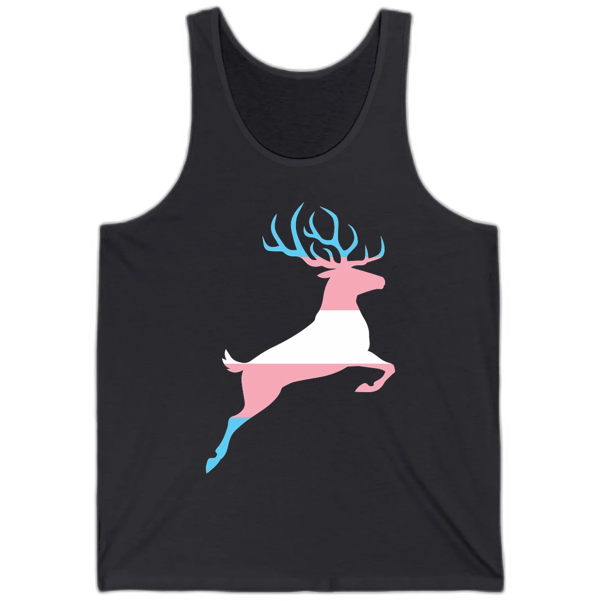 Stylized pink stag with gradient blue antlers leaping against gray background, modern minimalist design in Dark Grey