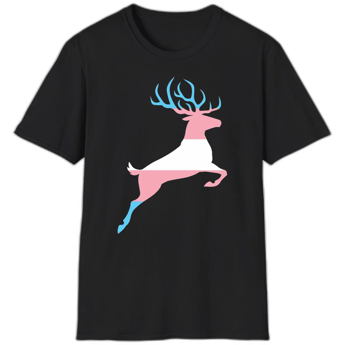 Stylized pink stag with gradient blue antlers leaping against gray background, modern minimalist design in Black