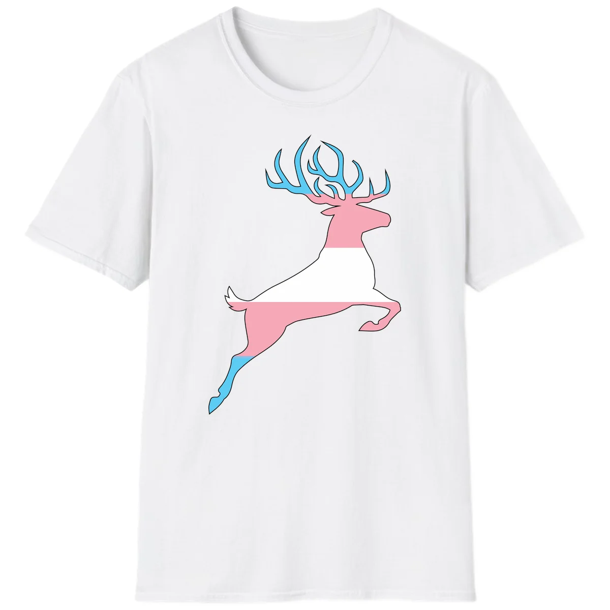 Stylized pink stag with gradient blue antlers leaping against gray background, modern minimalist design in White