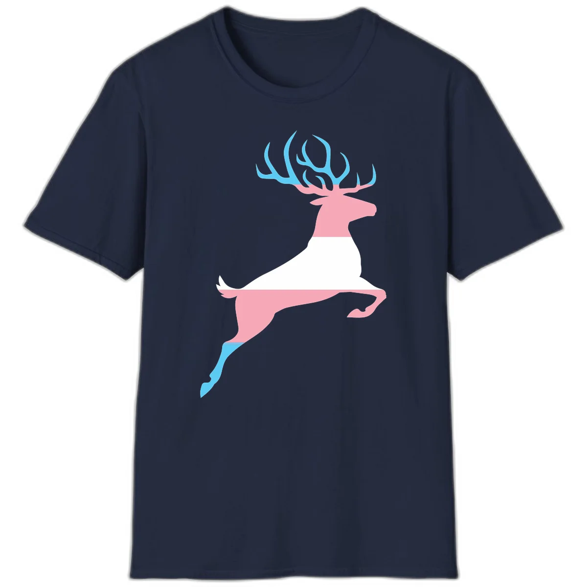 Stylized pink stag with gradient blue antlers leaping against gray background, modern minimalist design in Navy
