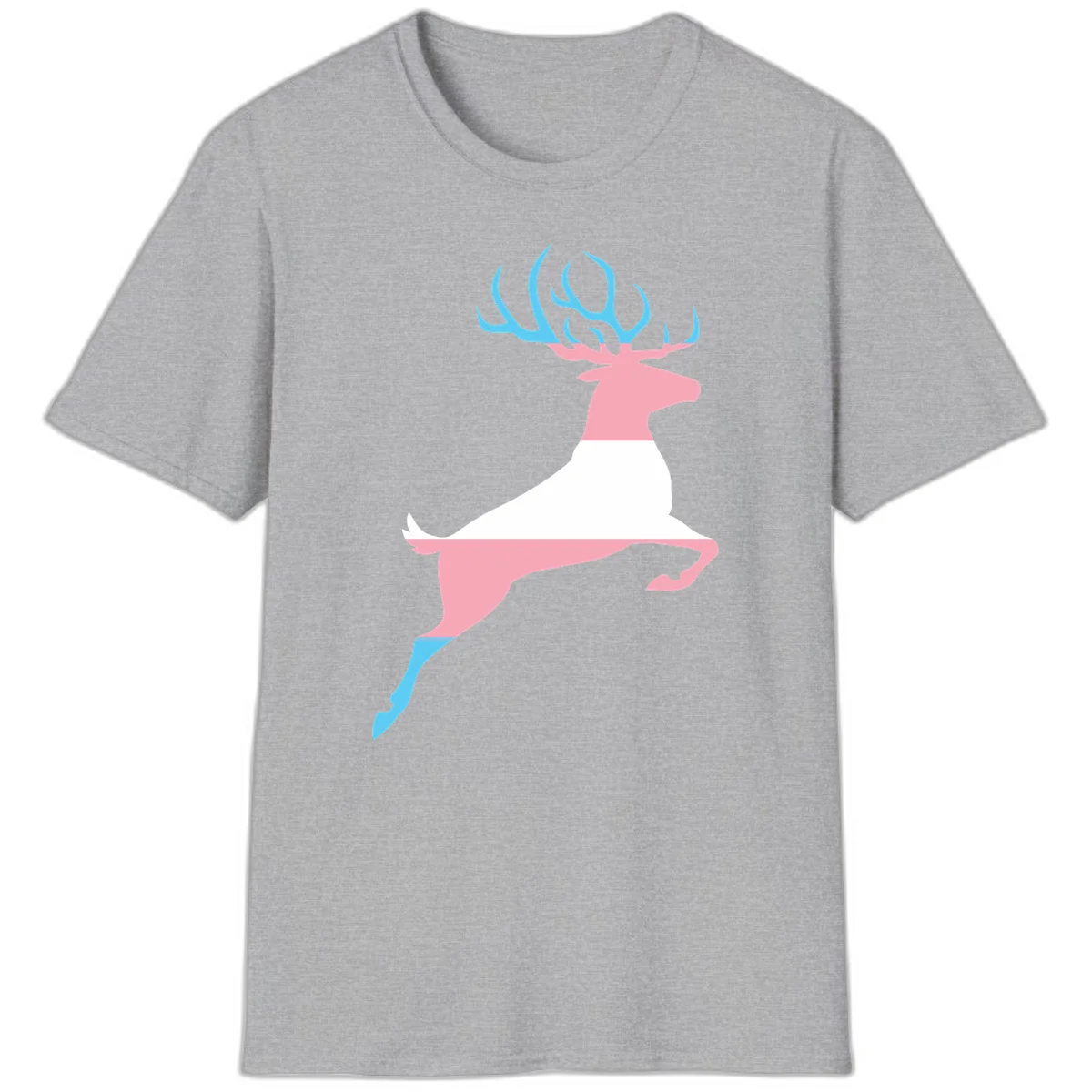 Stylized pink stag with gradient blue antlers leaping against gray background, modern minimalist design in Sport Grey
