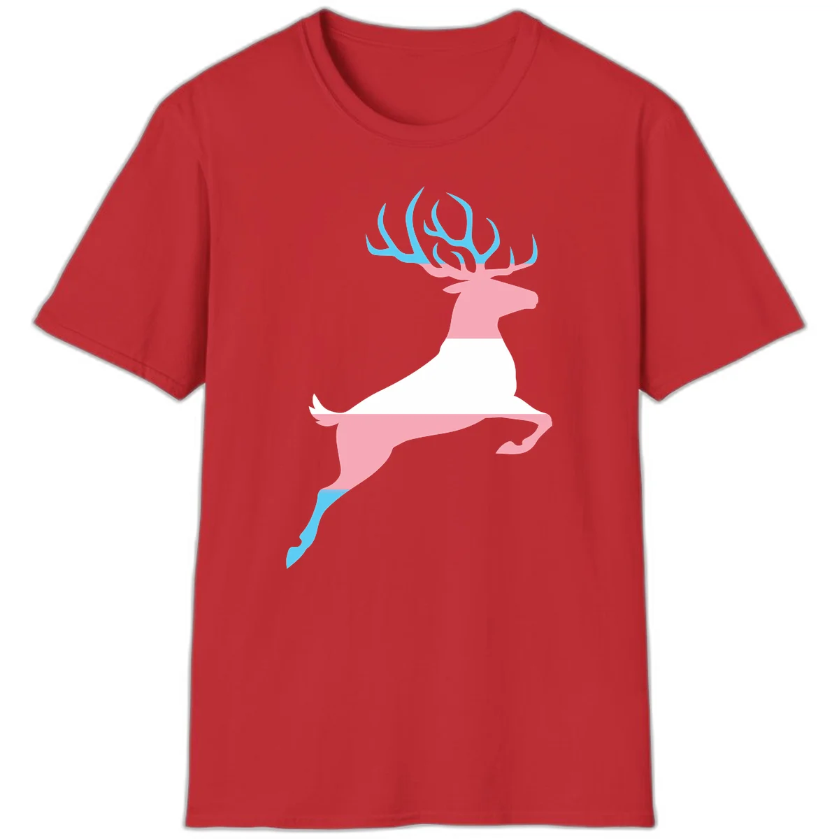 Stylized pink stag with gradient blue antlers leaping against gray background, modern minimalist design in Red