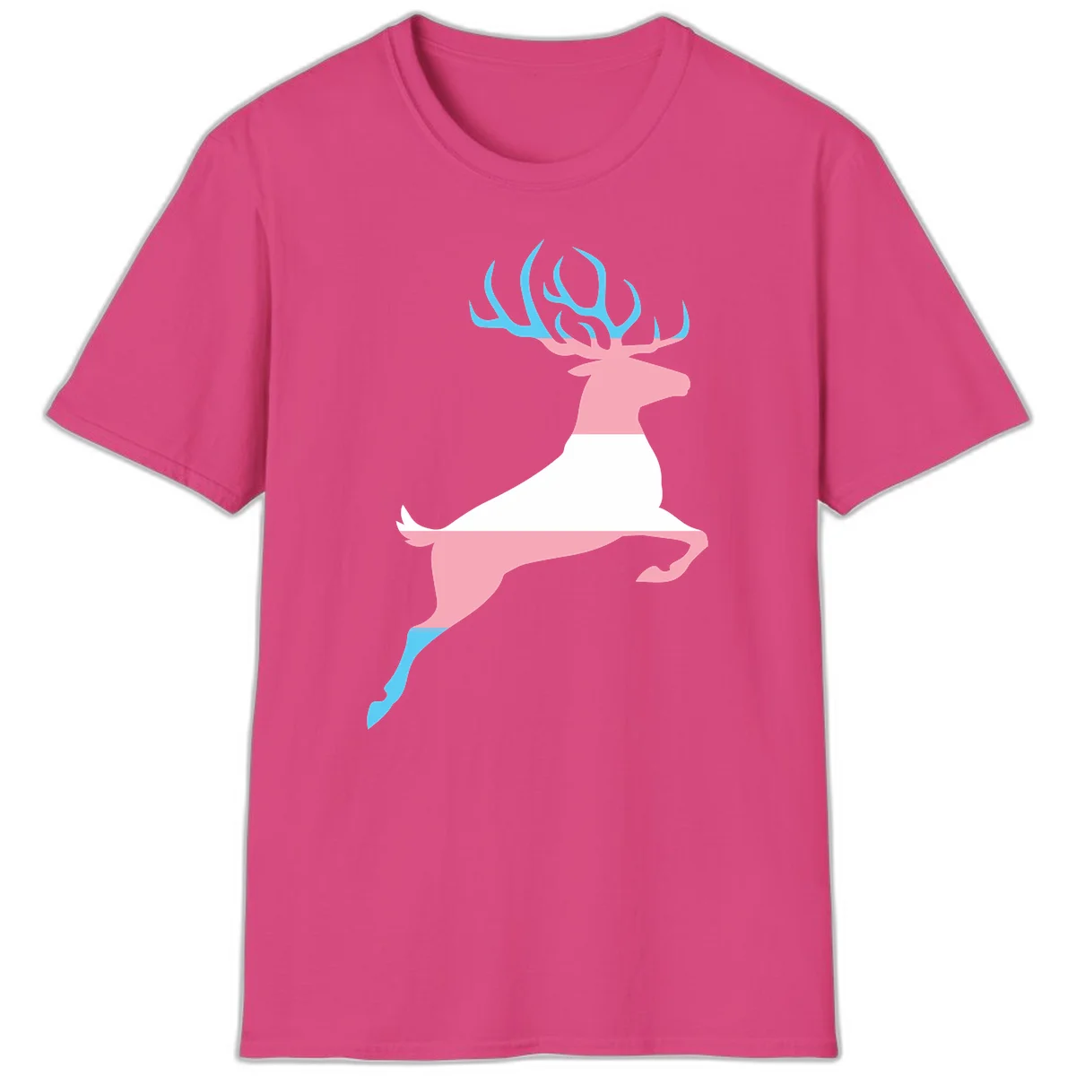 Stylized pink stag with gradient blue antlers leaping against gray background, modern minimalist design in Heliconia