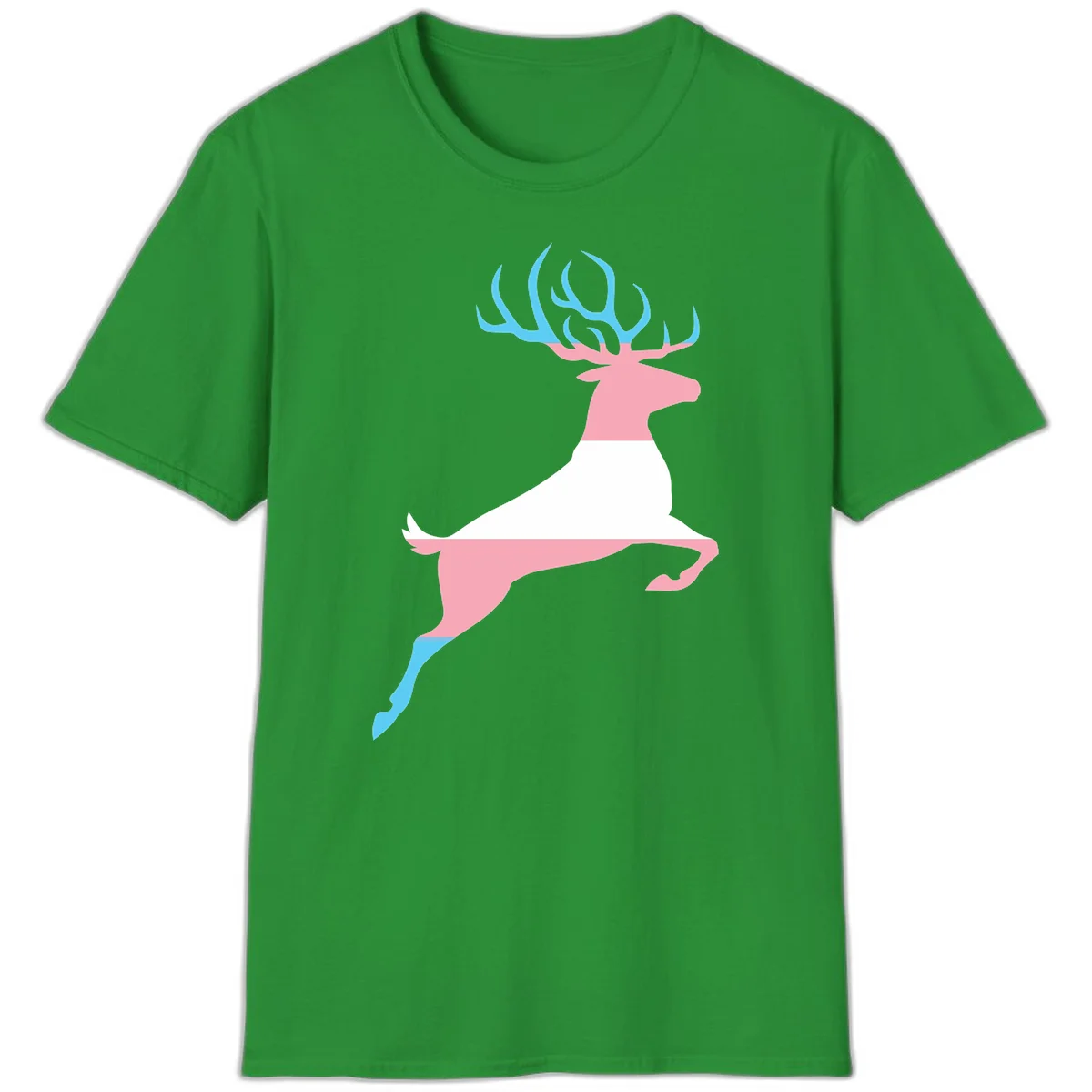Stylized pink stag with gradient blue antlers leaping against gray background, modern minimalist design in Irish Green