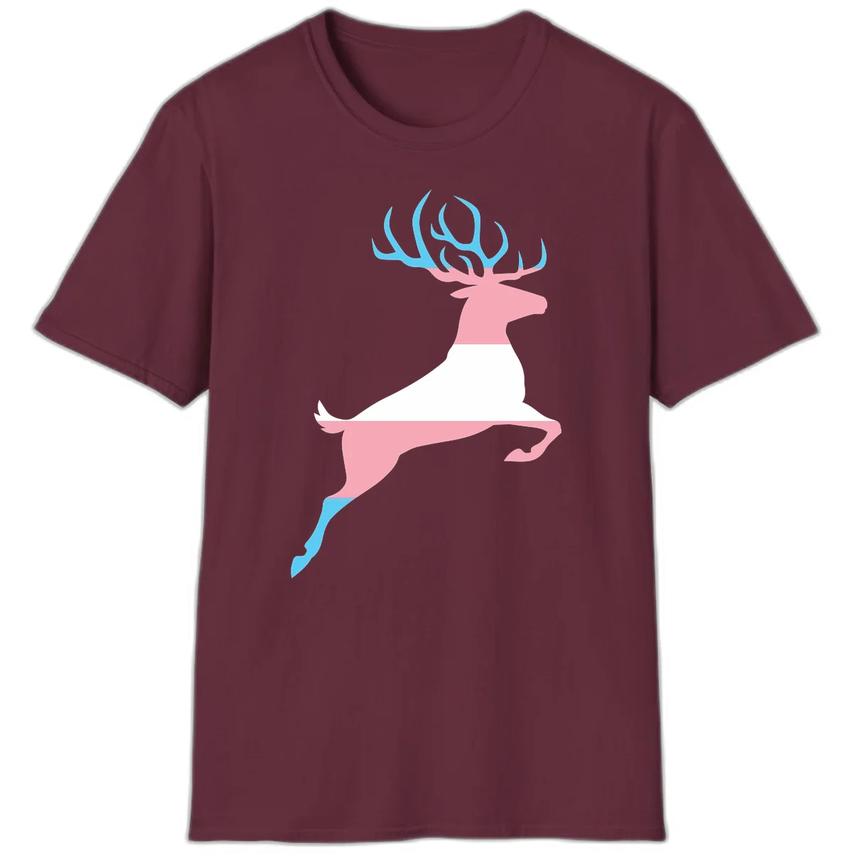 Stylized pink stag with gradient blue antlers leaping against gray background, modern minimalist design in Maroon