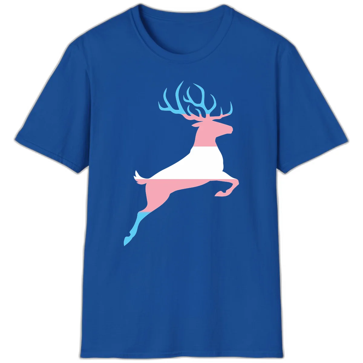 Stylized pink stag with gradient blue antlers leaping against gray background, modern minimalist design in Royal