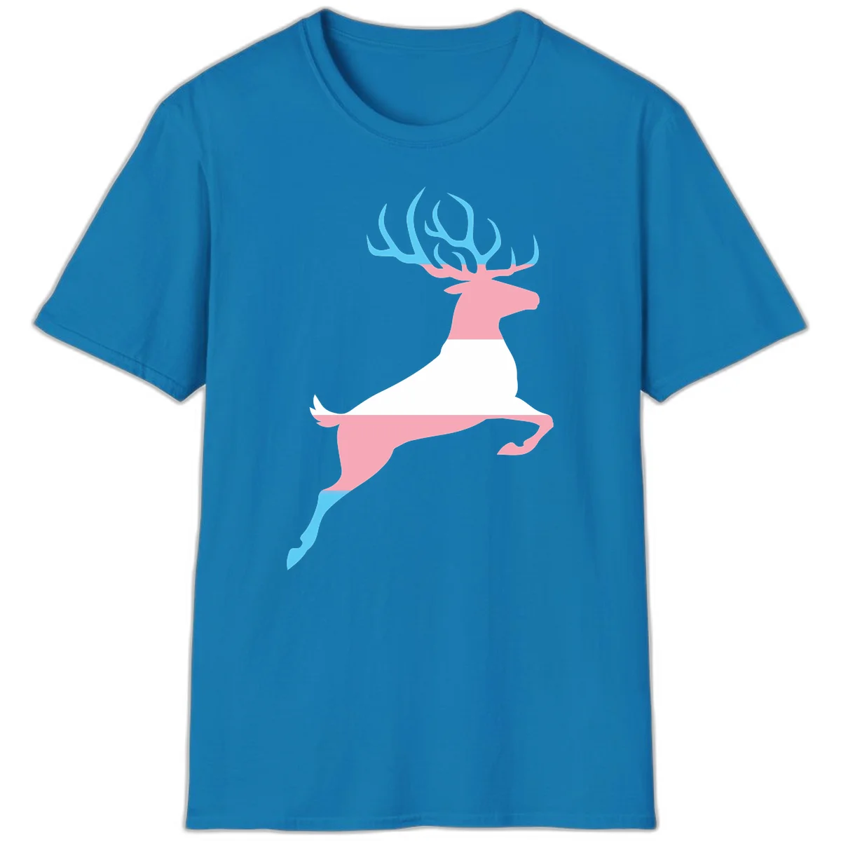 Stylized pink stag with gradient blue antlers leaping against gray background, modern minimalist design in Sapphire