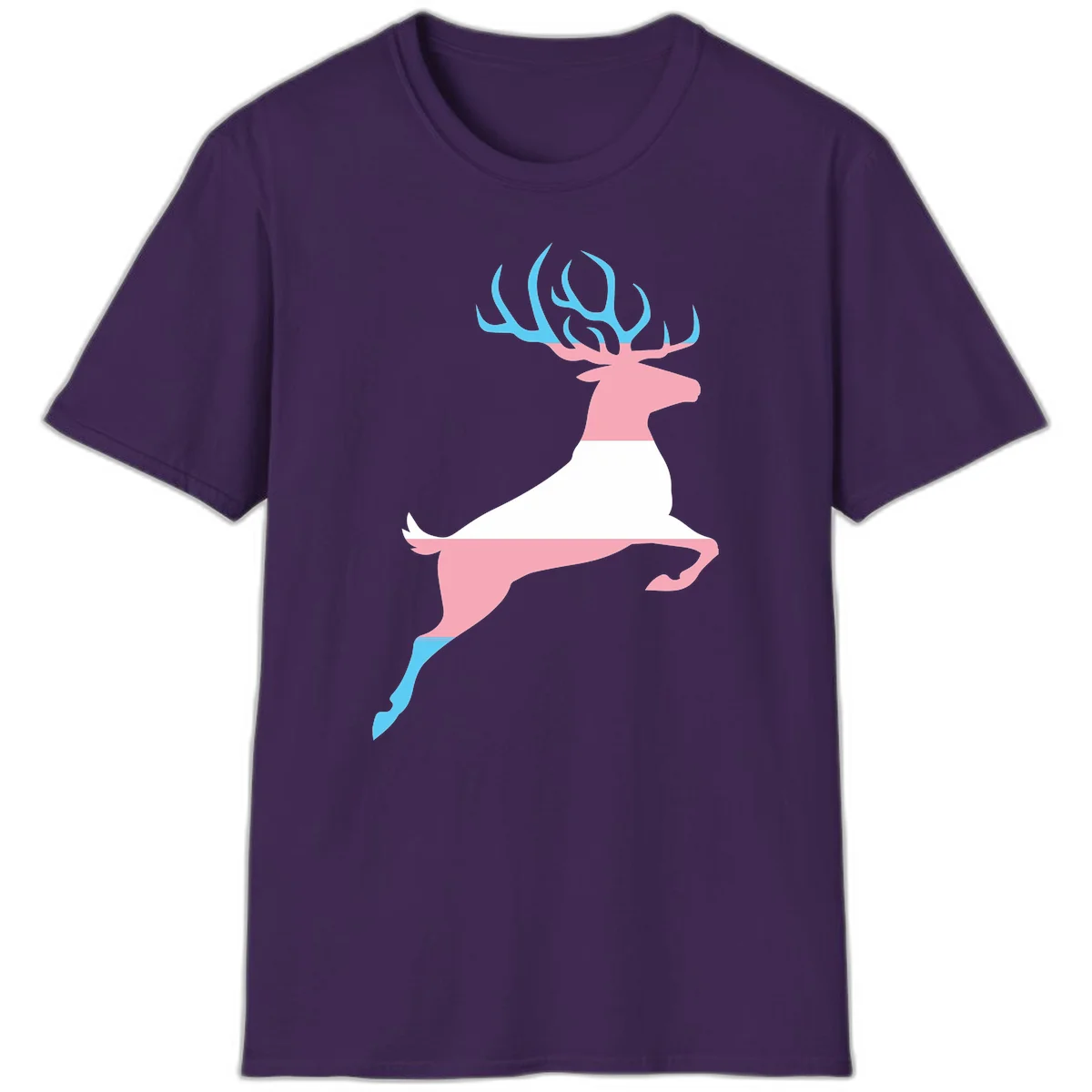 Stylized pink stag with gradient blue antlers leaping against gray background, modern minimalist design in Purple
