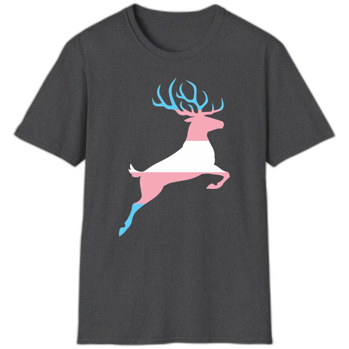 Stylized pink stag with gradient blue antlers leaping against gray background, modern minimalist design in Dark Heather