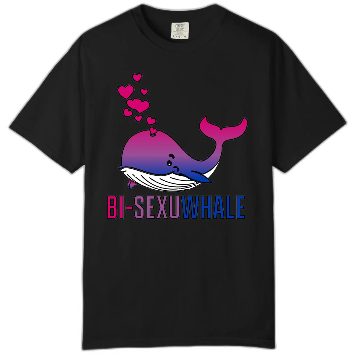 Cute smiling whale in bi pride colors (magenta, purple, blue) with floating hearts and 'BI-SEXUAL WHALE' text below in Black
