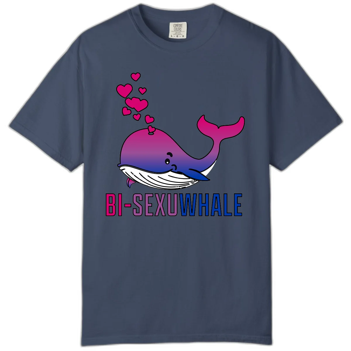 Cute smiling whale in bi pride colors (magenta, purple, blue) with floating hearts and 'BI-SEXUAL WHALE' text below in Midnight