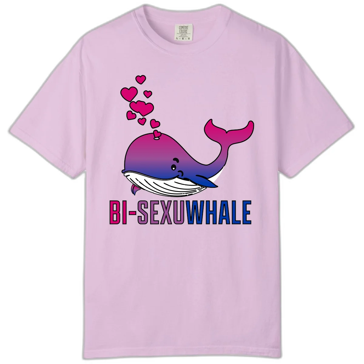 Cute smiling whale in bi pride colors (magenta, purple, blue) with floating hearts and 'BI-SEXUAL WHALE' text below in Orchid