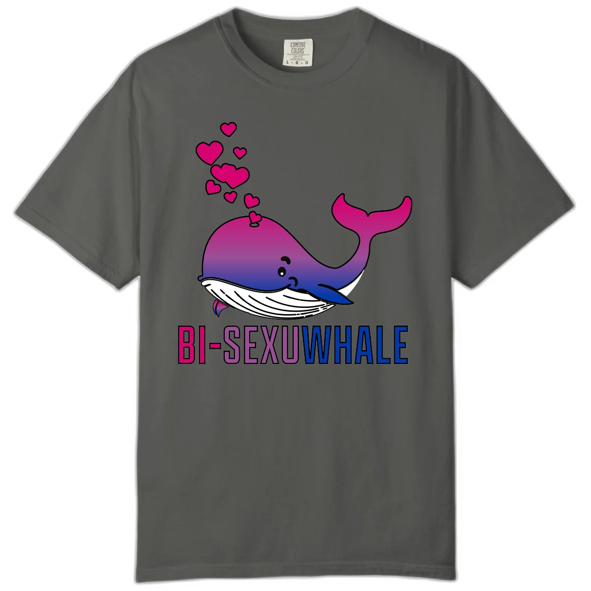 Cute smiling whale in bi pride colors (magenta, purple, blue) with floating hearts and 'BI-SEXUAL WHALE' text below in Pepper