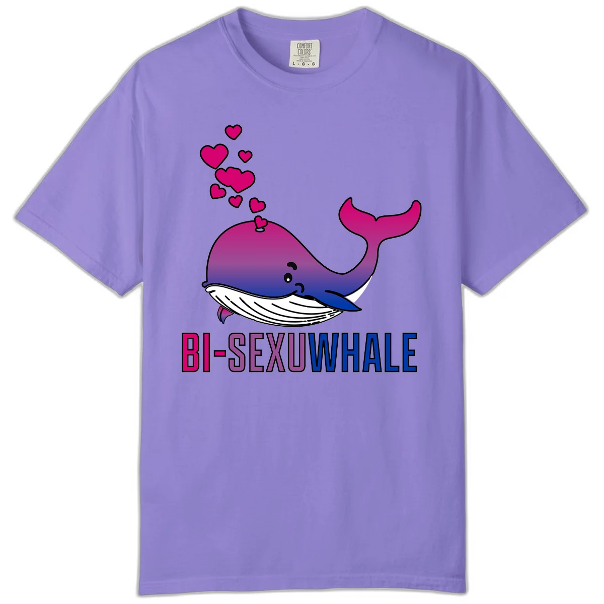Cute smiling whale in bi pride colors (magenta, purple, blue) with floating hearts and 'BI-SEXUAL WHALE' text below in Violet