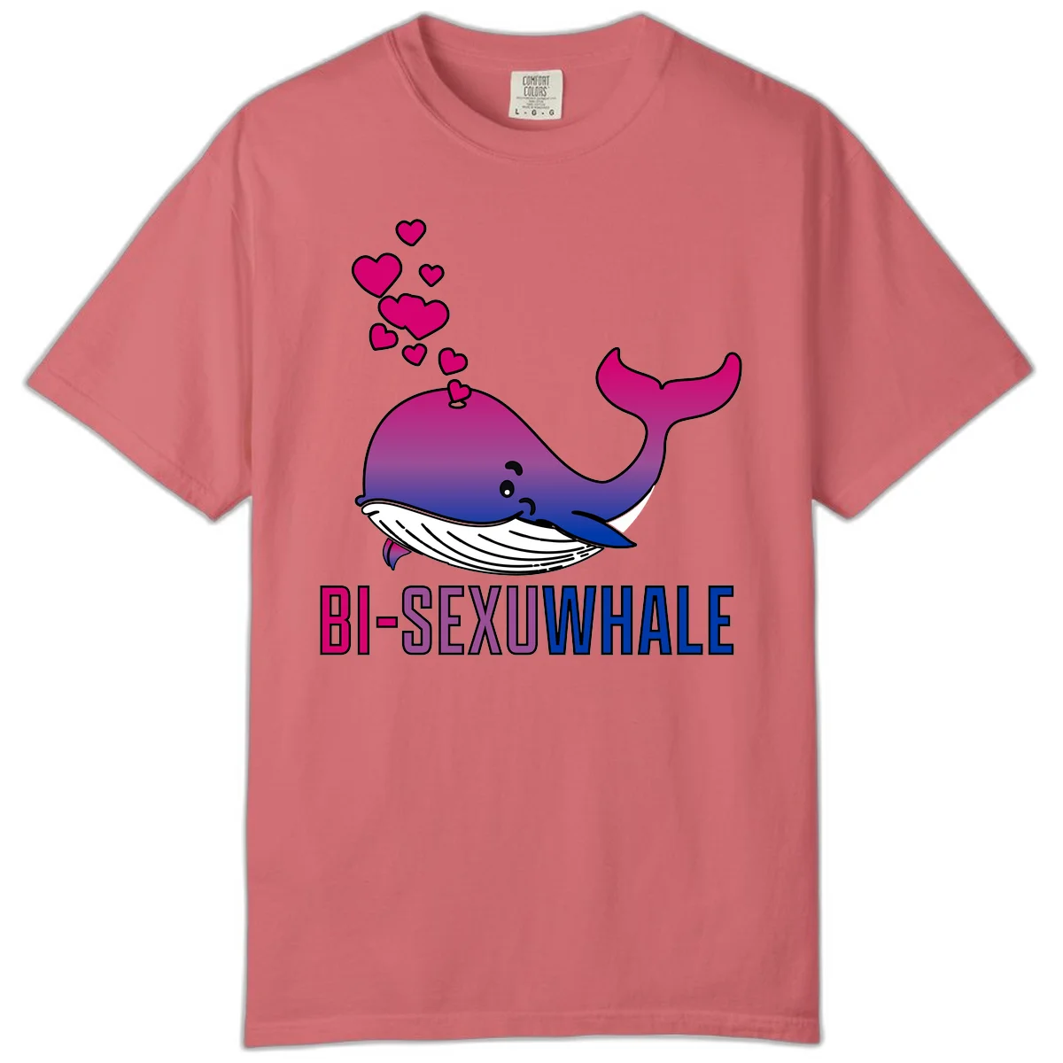 Cute smiling whale in bi pride colors (magenta, purple, blue) with floating hearts and 'BI-SEXUAL WHALE' text below in Watermelon