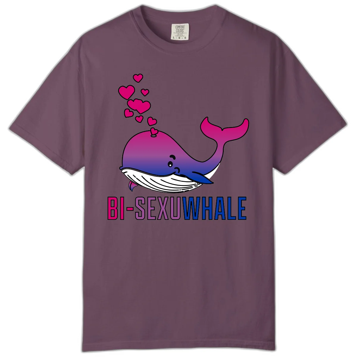 Cute smiling whale in bi pride colors (magenta, purple, blue) with floating hearts and 'BI-SEXUAL WHALE' text below in Berry