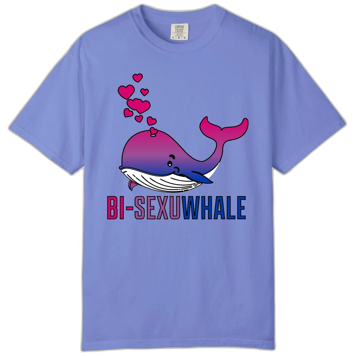 Cute smiling whale in bi pride colors (magenta, purple, blue) with floating hearts and 'BI-SEXUAL WHALE' text below in Flo Blue