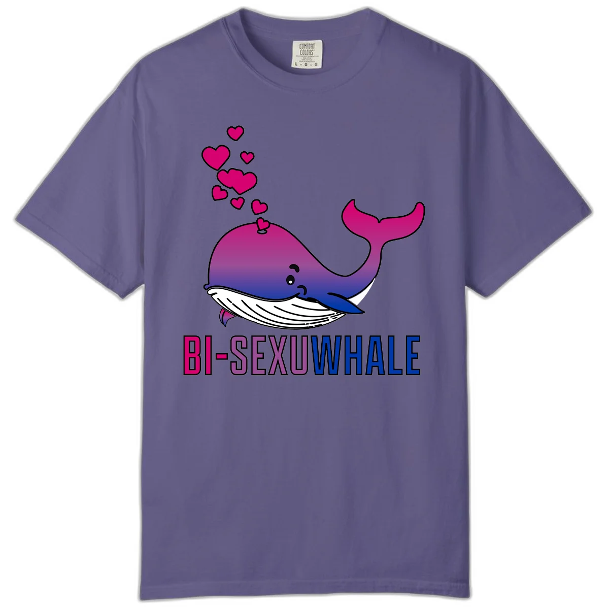 Cute smiling whale in bi pride colors (magenta, purple, blue) with floating hearts and 'BI-SEXUAL WHALE' text below in Grape