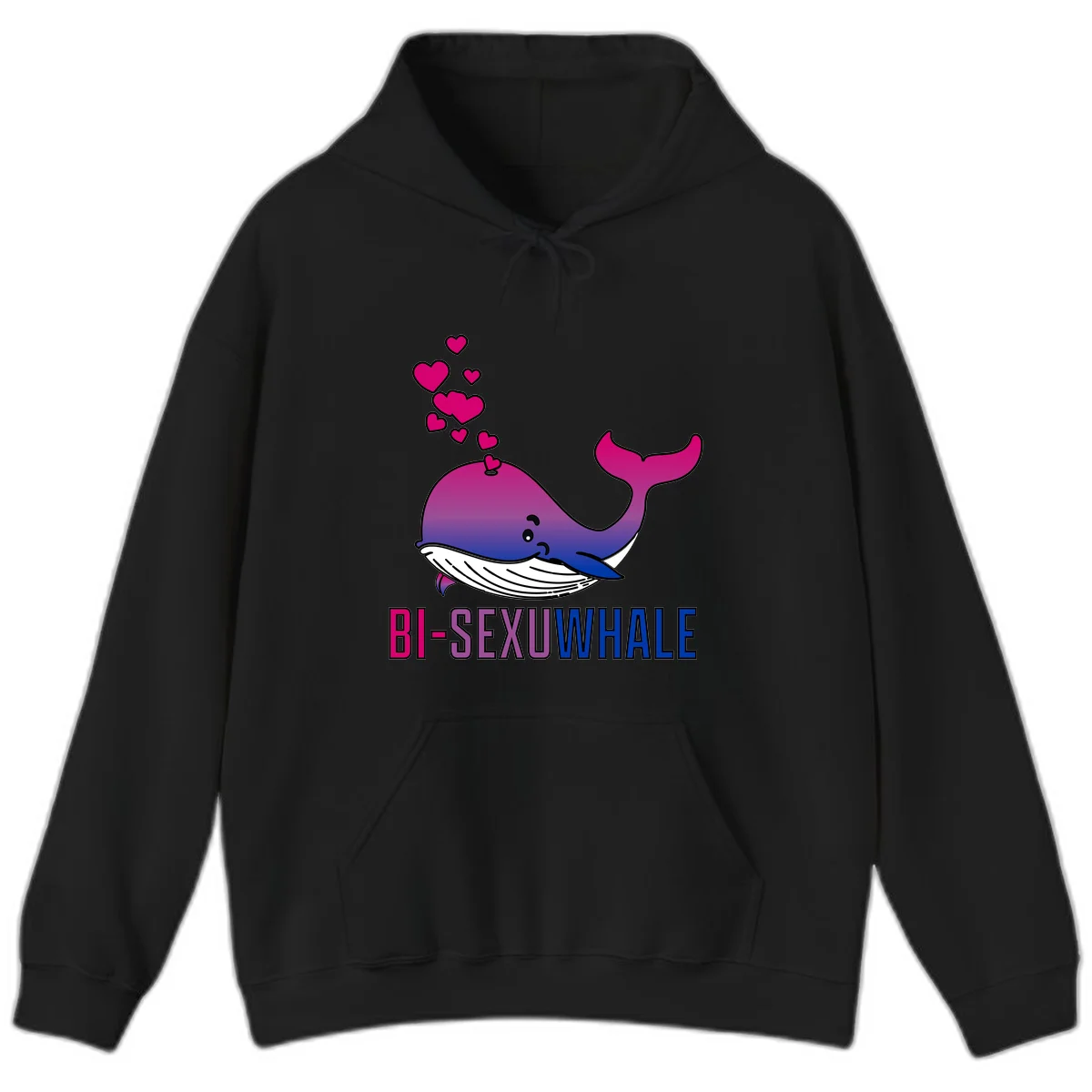 Cute smiling whale in bi pride colors (magenta, purple, blue) with floating hearts and 'BI-SEXUAL WHALE' text below in Black