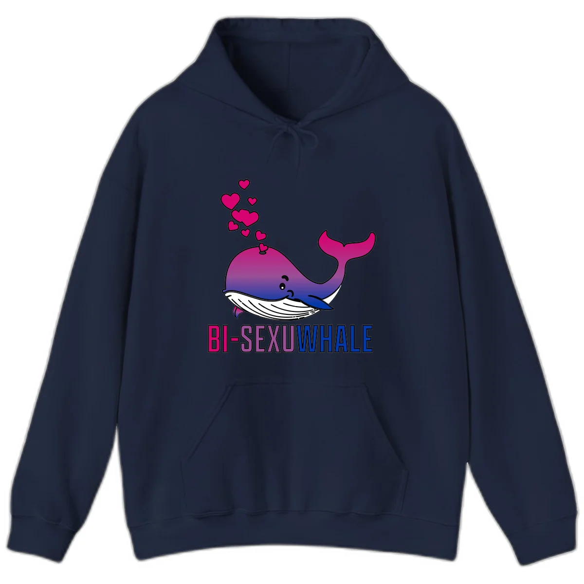 Cute smiling whale in bi pride colors (magenta, purple, blue) with floating hearts and 'BI-SEXUAL WHALE' text below in Navy
