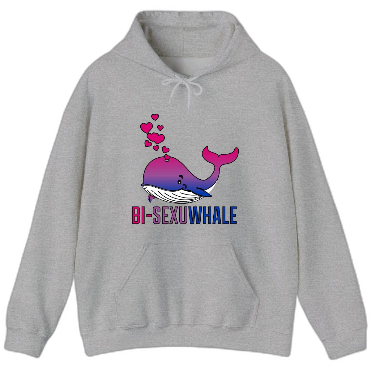 Cute smiling whale in bi pride colors (magenta, purple, blue) with floating hearts and 'BI-SEXUAL WHALE' text below in Sport Grey