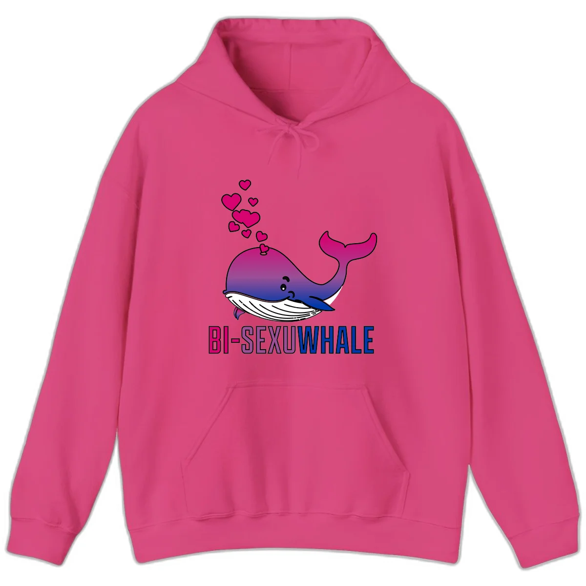 Cute smiling whale in bi pride colors (magenta, purple, blue) with floating hearts and 'BI-SEXUAL WHALE' text below in Heliconia