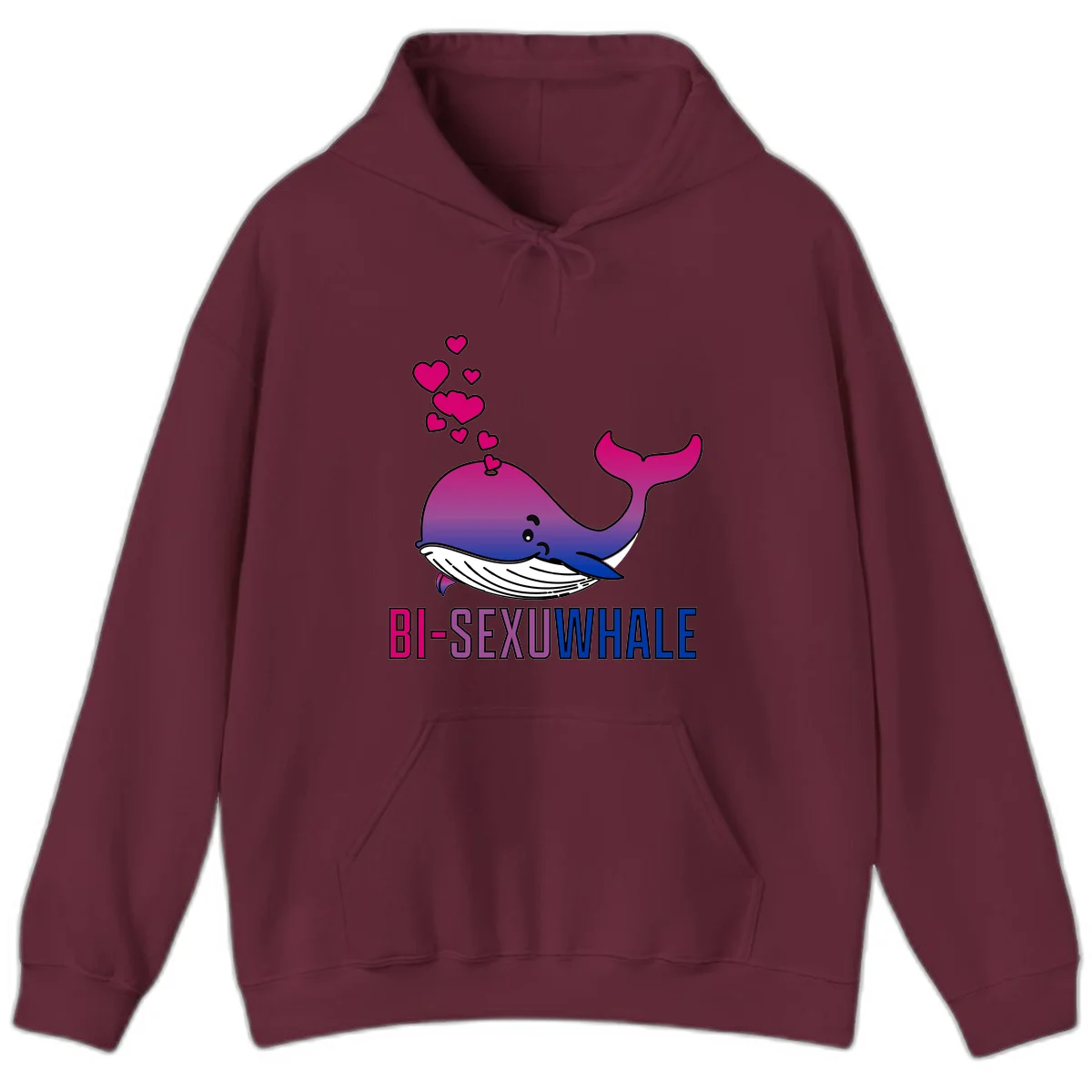 Cute smiling whale in bi pride colors (magenta, purple, blue) with floating hearts and 'BI-SEXUAL WHALE' text below in Maroon