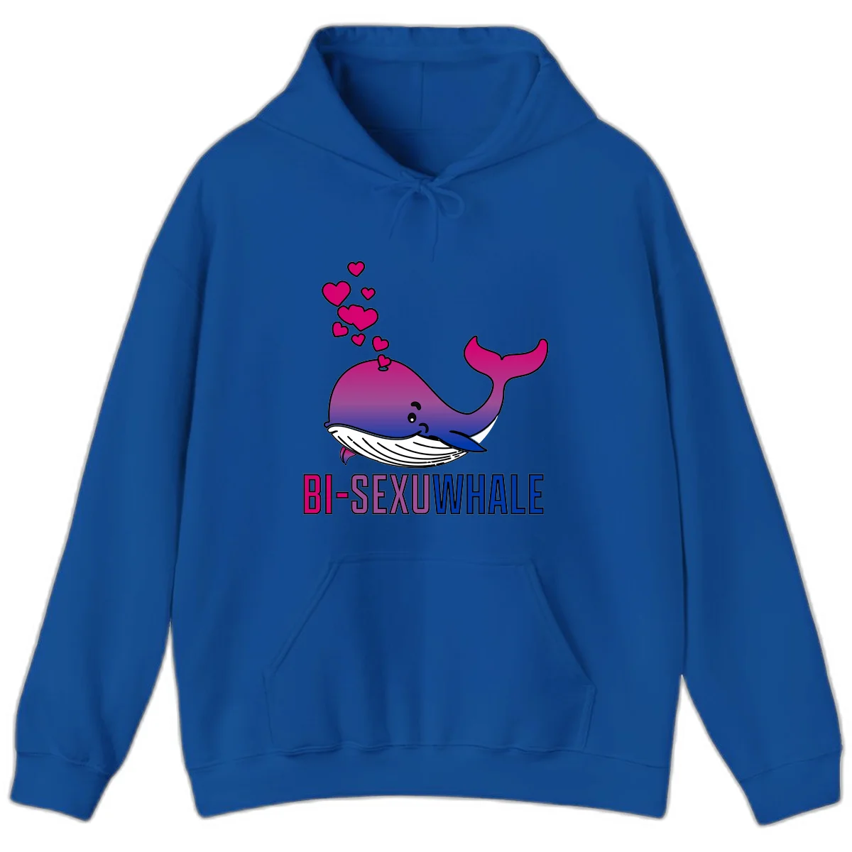 Cute smiling whale in bi pride colors (magenta, purple, blue) with floating hearts and 'BI-SEXUAL WHALE' text below in Royal