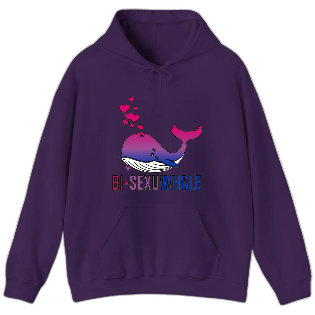 Cute smiling whale in bi pride colors (magenta, purple, blue) with floating hearts and 'BI-SEXUAL WHALE' text below in Purple