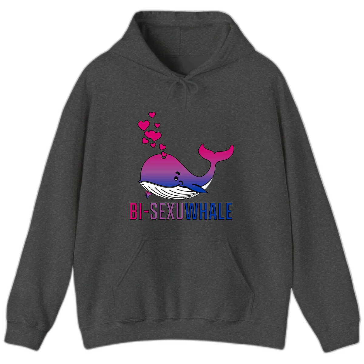 Cute smiling whale in bi pride colors (magenta, purple, blue) with floating hearts and 'BI-SEXUAL WHALE' text below in Dark Heather