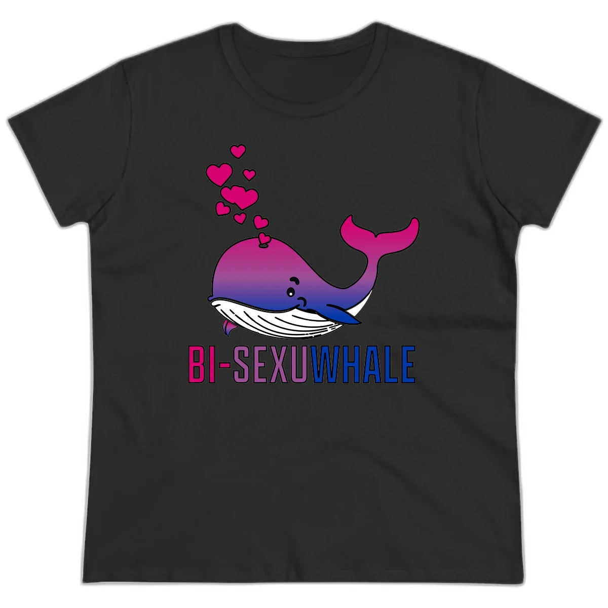 Cute smiling whale in bi pride colors (magenta, purple, blue) with floating hearts and 'BI-SEXUAL WHALE' text below in Black